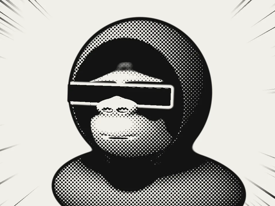 Profile drawing of Anon Ape, hood up, bar over the eyes